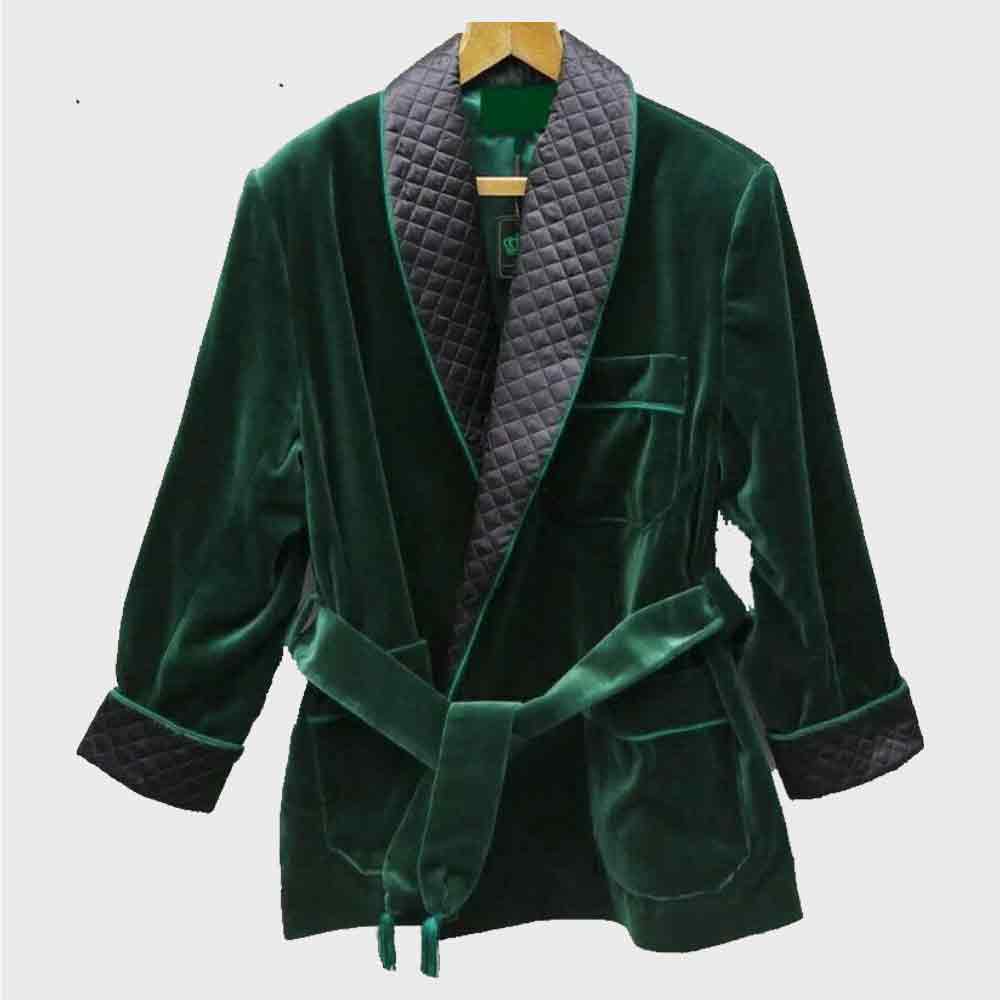 Men Green Smoking Jacket Robe Velvet Quilted Designer Belted Coat Mens Velvet Smoking Coat