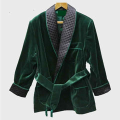 Men Green Smoking Jacket Robe Velvet Quilted Designer Belted Coat Mens Velvet Smoking Coat
