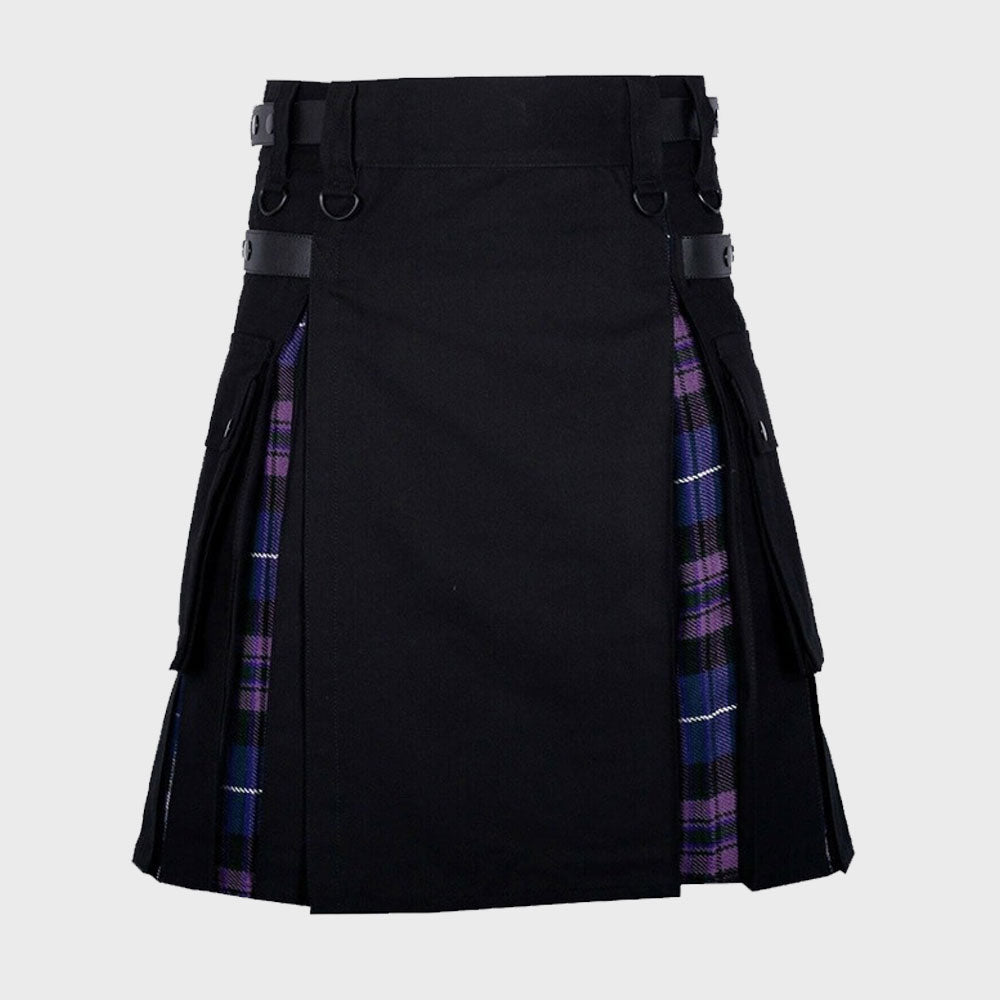 Black Cotton Pride of Scotland Tartan Scottish Utility Cargo Hybrid Kilt