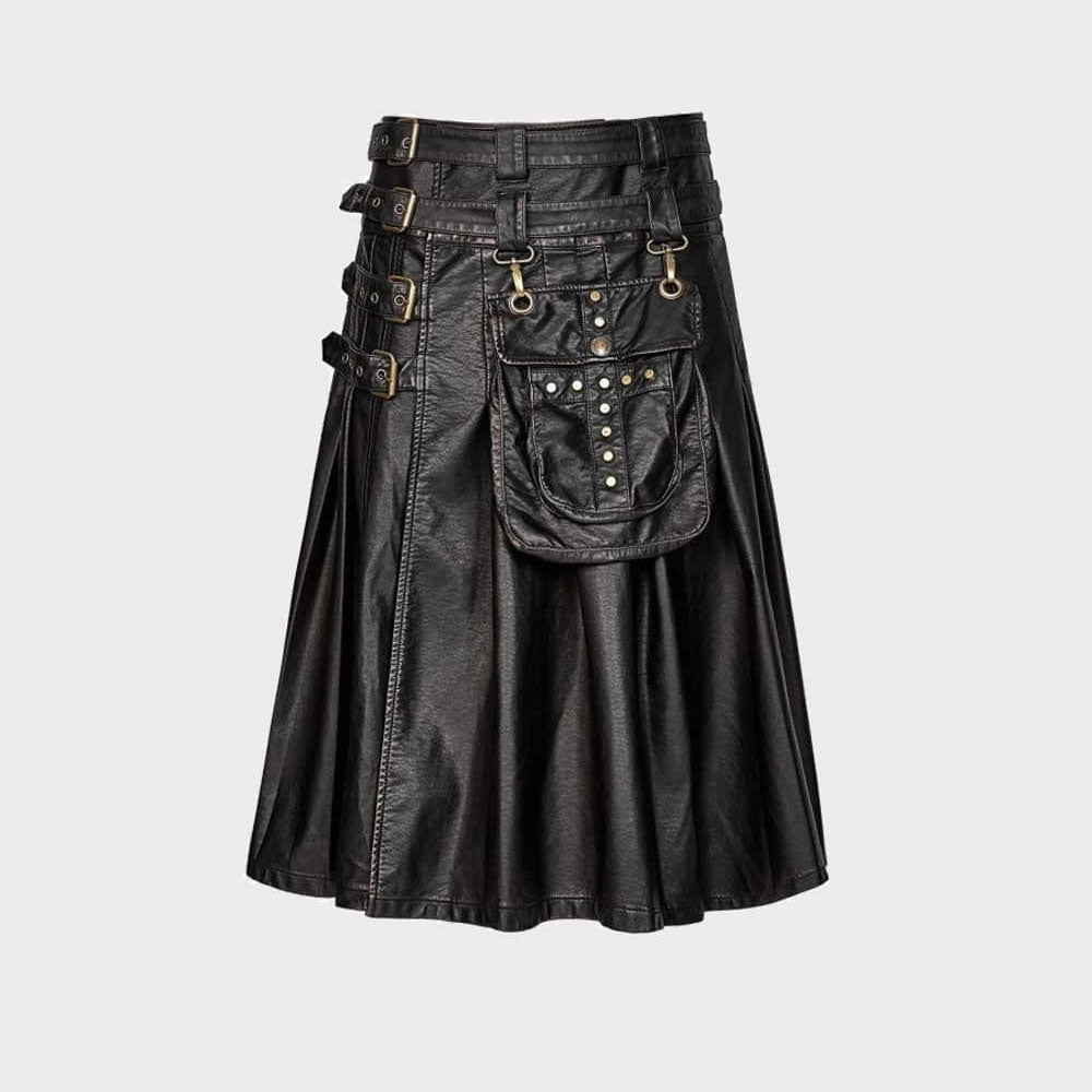 Cowhide Black Leather Gothic Kilt