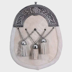 Cream Calfskin Cross Tassels Sporran With Chrome Celtic Cantle