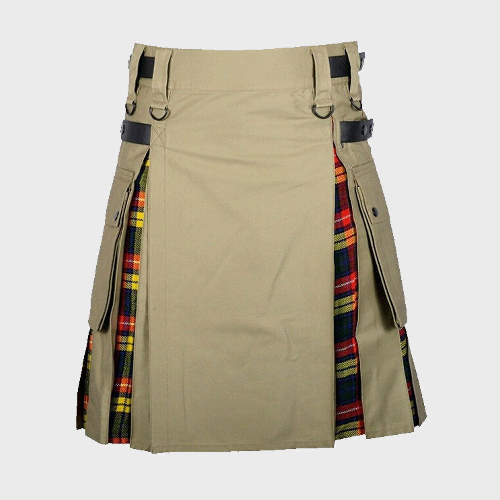 Khaki Cotton Buchanan Tartan Scottish Utility Cargo Hybrid Kilt