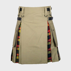 Khaki Cotton Buchanan Tartan Scottish Utility Cargo Hybrid Kilt