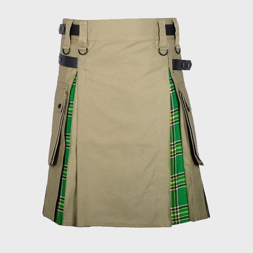 Khaki Cotton Irish Tartan Scottish Utility Cargo Hybrid Kilt