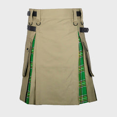 Khaki Cotton Irish Tartan Scottish Utility Cargo Hybrid Kilt