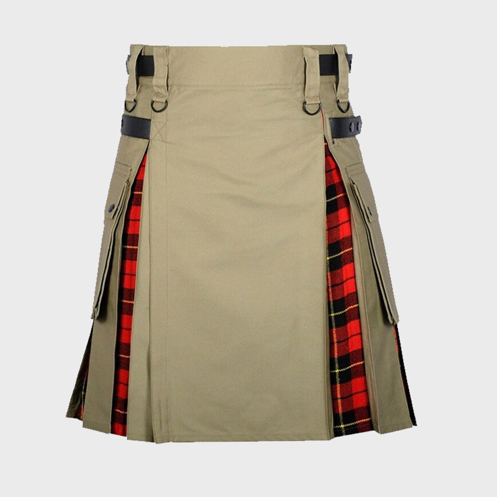 Khaki Cotton Wallace Tartan Scottish Utility Cargo Hybrid Kilt