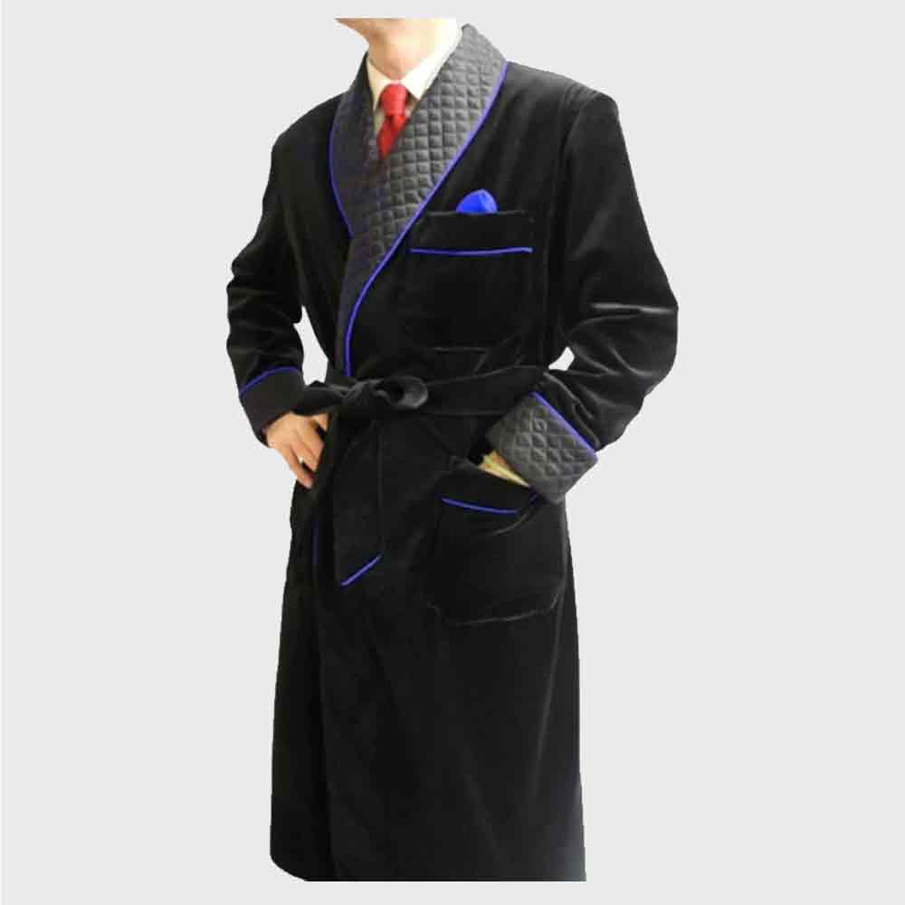 Men Black Velvet Long Smoking Jacket Quilted Mens Black Velvet Long Smoking Coat