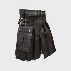Men Genuine Black Leather Gladiator Pleated Utility LARP Costume