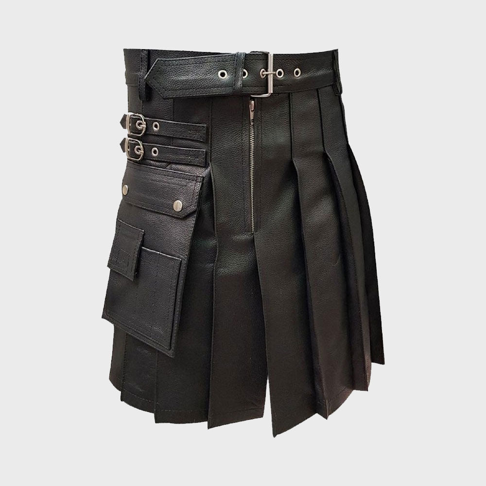 Men Genuine Black Leather Gladiator Pleated Utility LARP Costume