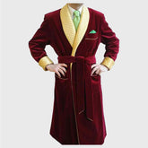 Mens Maroon Velvet Smoking Jacket Yellow Quilted Long Dinner Coat Mens Velvet Long Smoking Coat