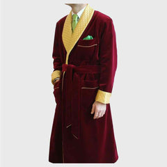Mens Maroon Velvet Smoking Jacket Yellow Quilted Long Dinner Coat Mens Velvet Long Smoking Coat