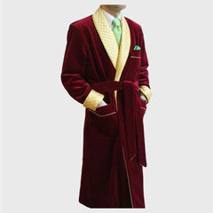 Mens Maroon Velvet Smoking Jacket Yellow Quilted Long Dinner Coat Mens Velvet Long Smoking Coat