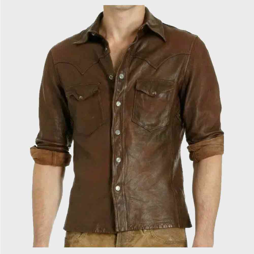 Mens Stylish Long Sleeves Designed Brown Wax Leather Shirt