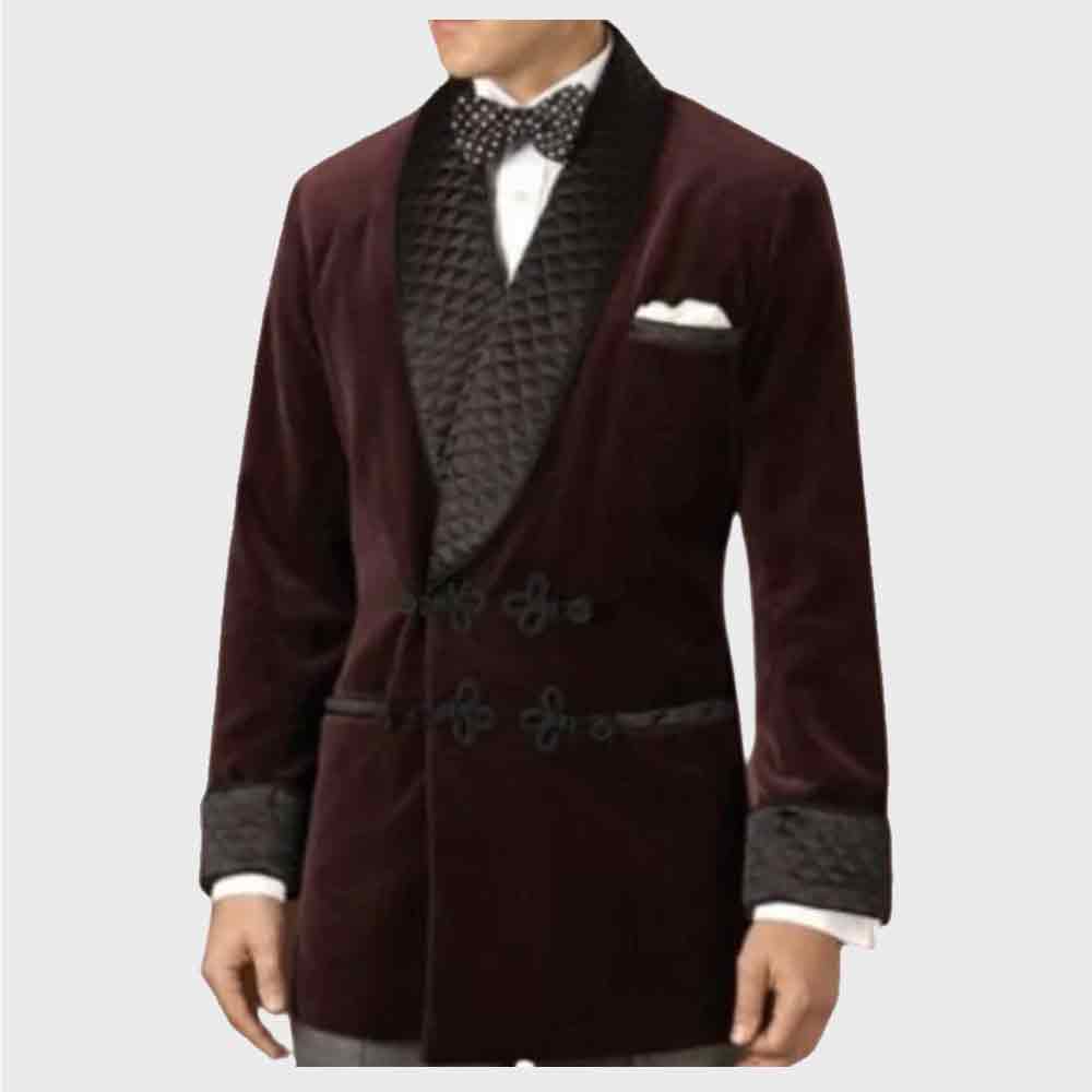 Men Velvet Smoking Quilted Long Dinner burgundy jacket