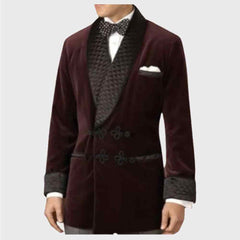 Men Velvet Smoking Quilted Long Dinner burgundy jacket