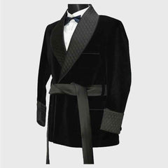 Men's black velvet smoking Quilted Long Dinner jacket