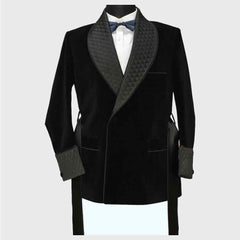 Men's black velvet smoking Quilted Long Dinner jacket