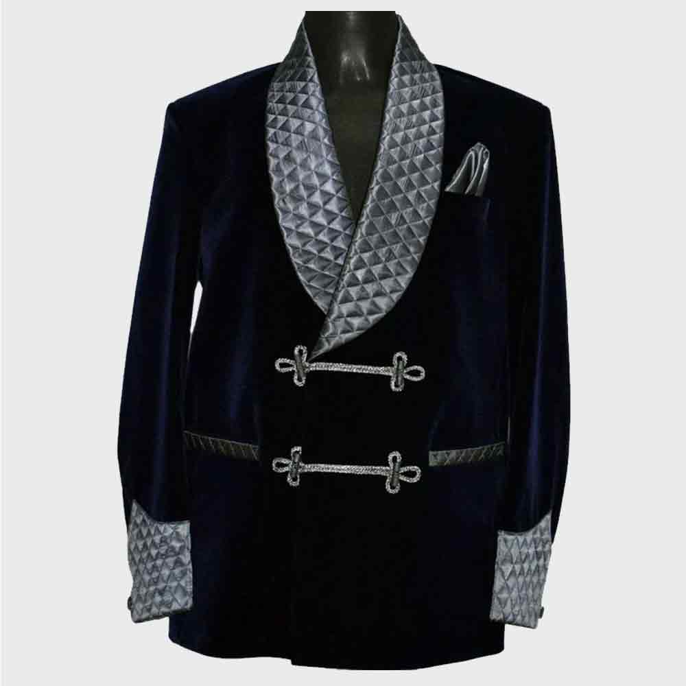 Men's blue smoking Quilted Long Dinner jacket