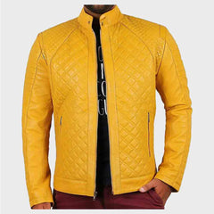 Mens Yellow Motorcycle Quilted Mens Biker Leather Jacket