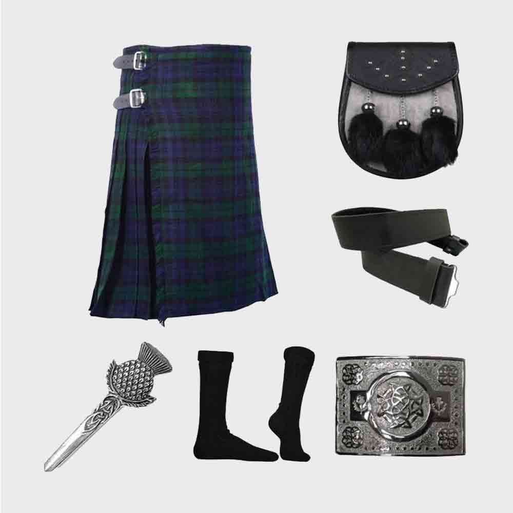 Blackwatch Tartan Kilts Deal with Sporran, Socks Belts and Pin