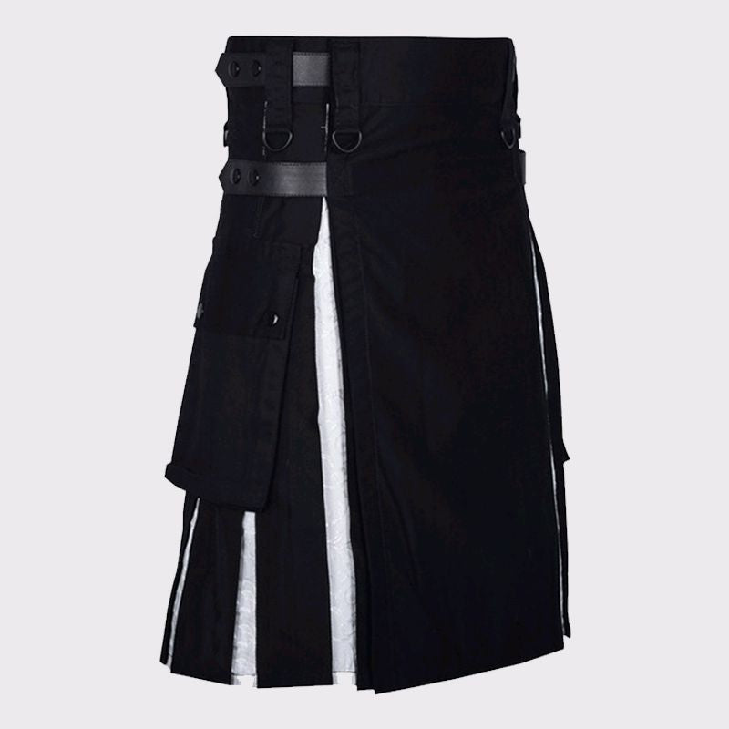 BLACK AND WHITE BROCADE PLEATS HYBRID KILT