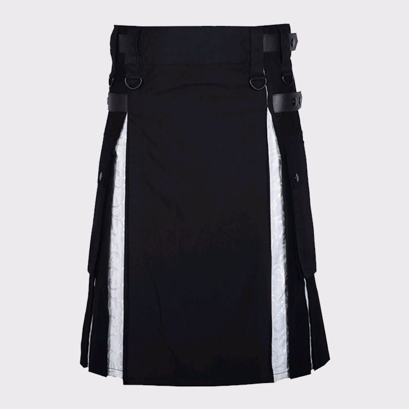 BLACK AND WHITE BROCADE PLEATS HYBRID KILT