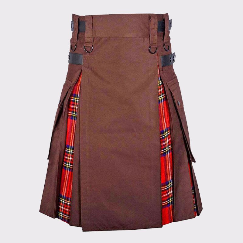 Brown Kilt with Royal Stewart Tartan Hybrid Kilt