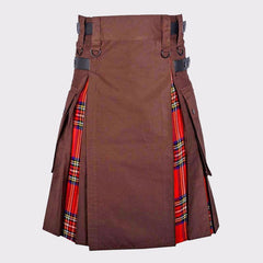 Brown Kilt with Royal Stewart Tartan Hybrid Kilt