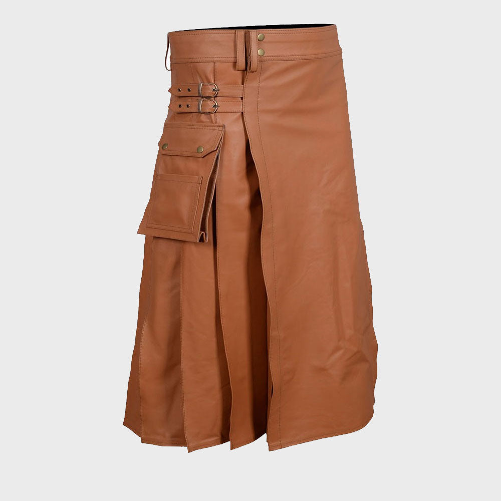 Brown Leather Utility Kilt For Men