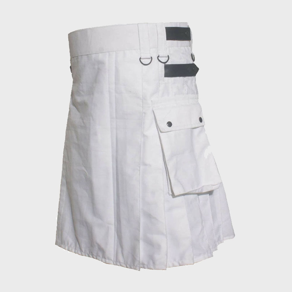 Deluxe White Utility Kilt With Leather Straps