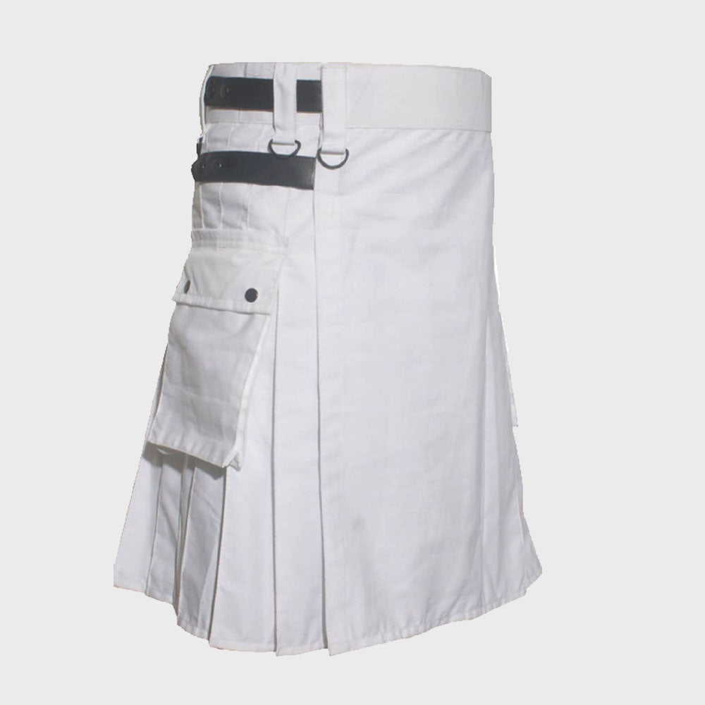 Deluxe White Utility Kilt With Leather Straps