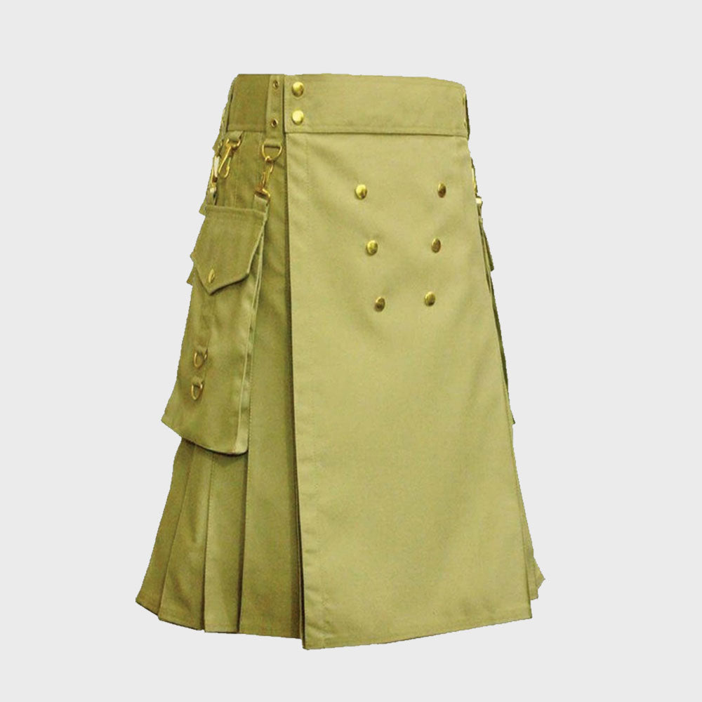 Khaki Utility Kilt With Gold Button