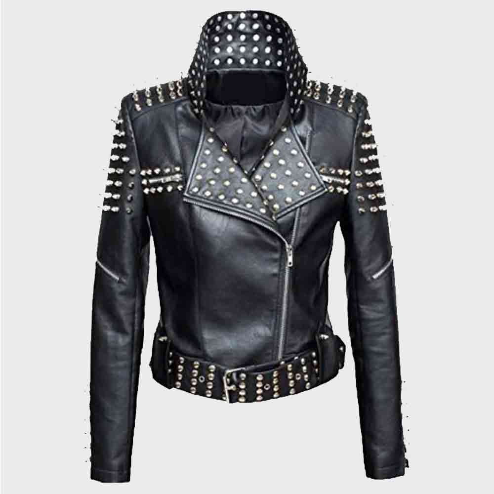 Ladies Brando Motorbike Rock Punk Metal Spike Studded Motorcycle Black Biker Leather Jacket