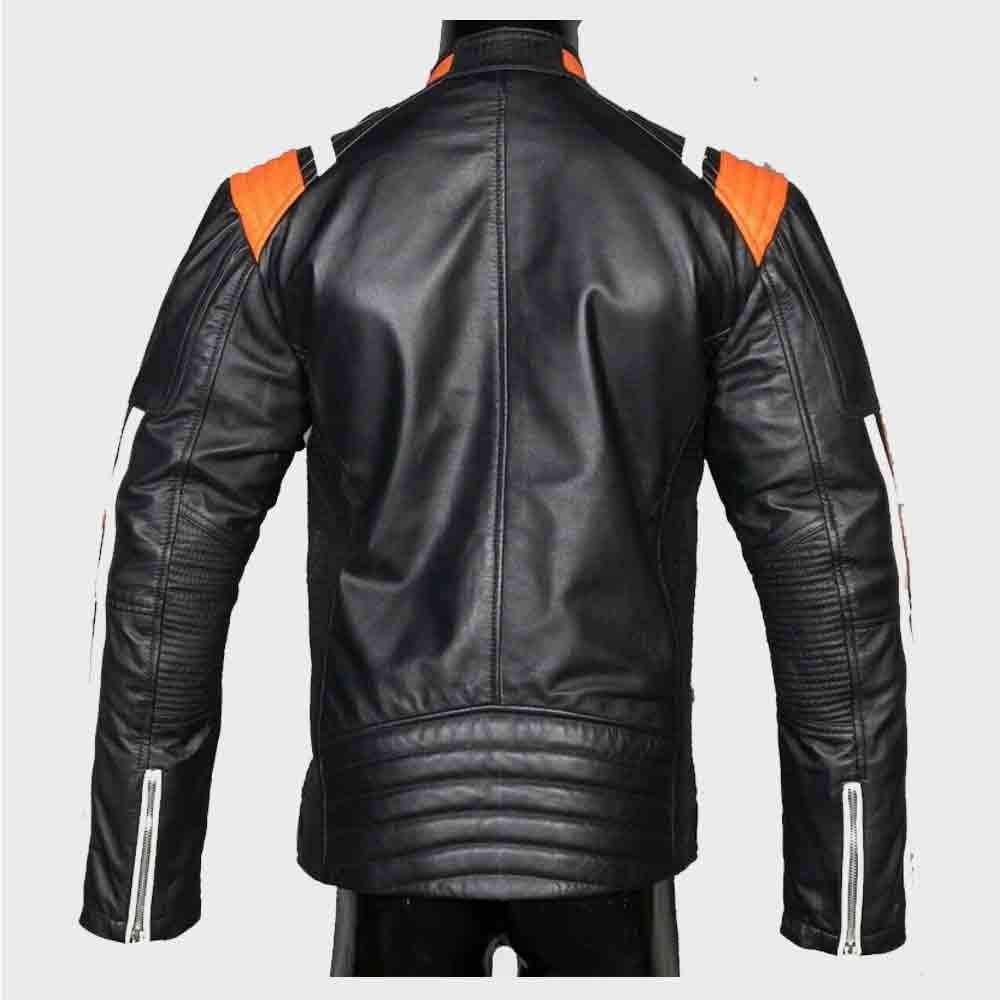 Mens Fashion Black Orange And Beige straps Leather Biker Jacket Mens Biker Leather Jacket