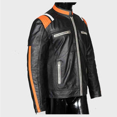 Mens Fashion Black Orange And Beige straps Leather Biker Jacket Mens Biker Leather Jacket