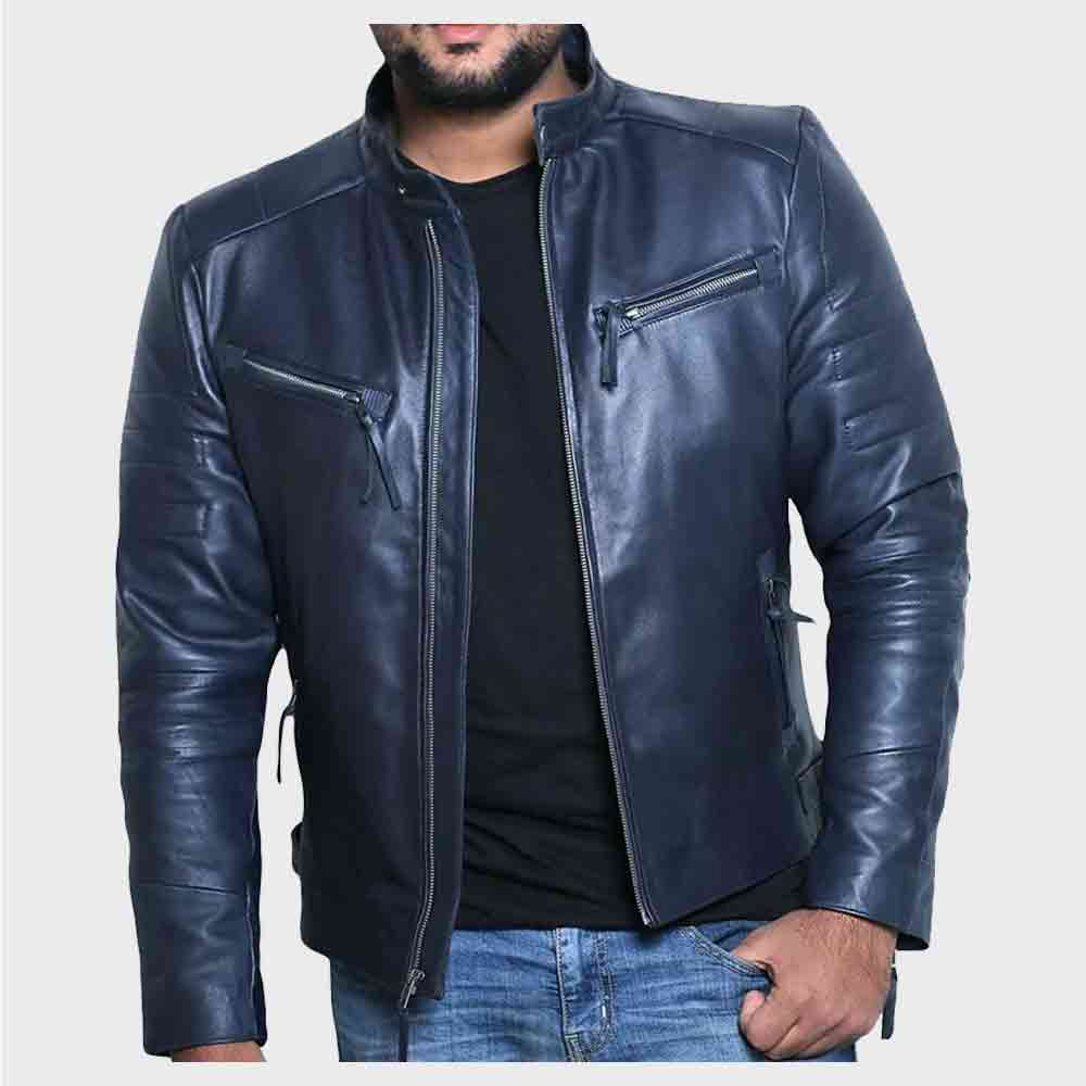 Mens Leather Jacket Mens Navy Blue Genuine Lambskin Biker Casual Jacket