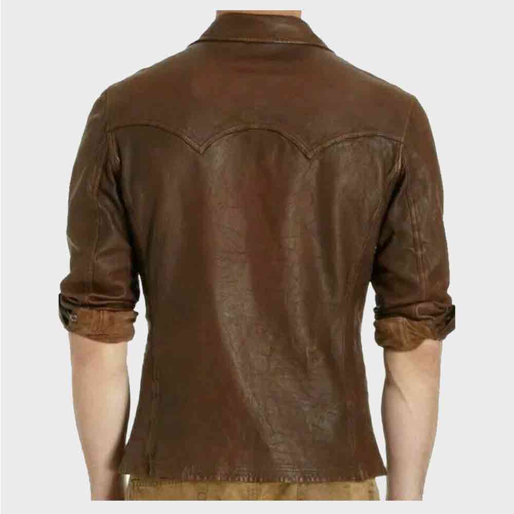 Mens Stylish Long Sleeves Designed Brown Wax Leather Shirt