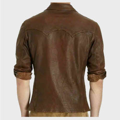 Mens Stylish Long Sleeves Designed Brown Wax Leather Shirt