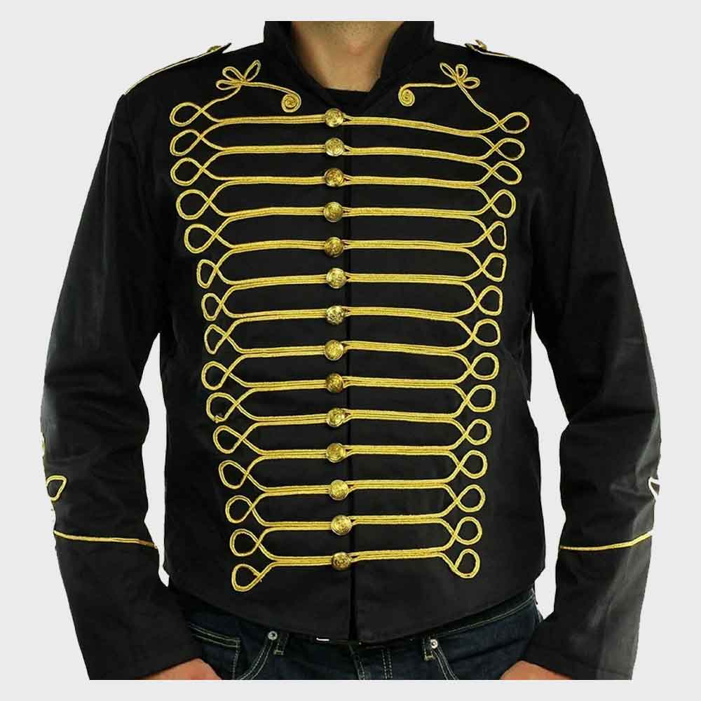 Mens Unique Modern Gold Embroidery Black Military Napoleon Jacket 