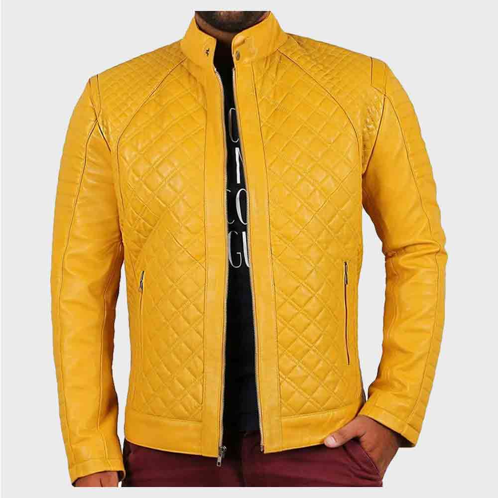 Mens Yellow Motorcycle Quilted Mens Biker Leather Jacket 