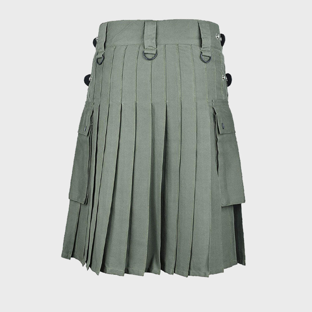 Olive Green Cotton Utility Kilt For Men