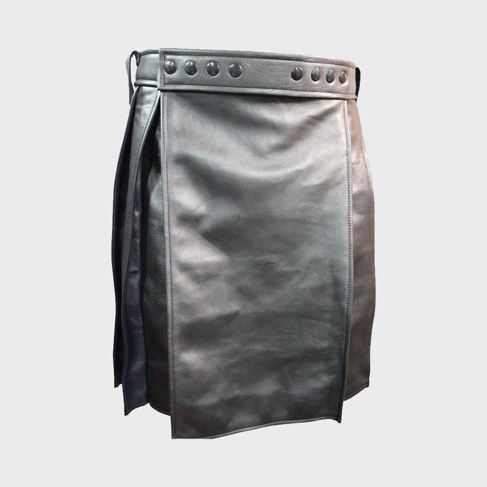 Pleated Black Leather Kilt with Navy Highlights